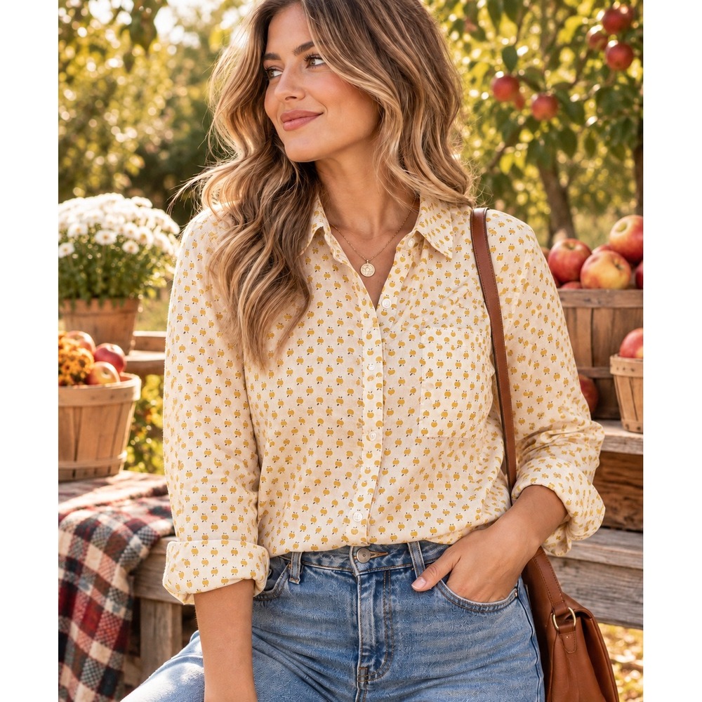 Halogen Women's Medium Apple Print Cotton Button Down Shirt Mustard Teacher Fall